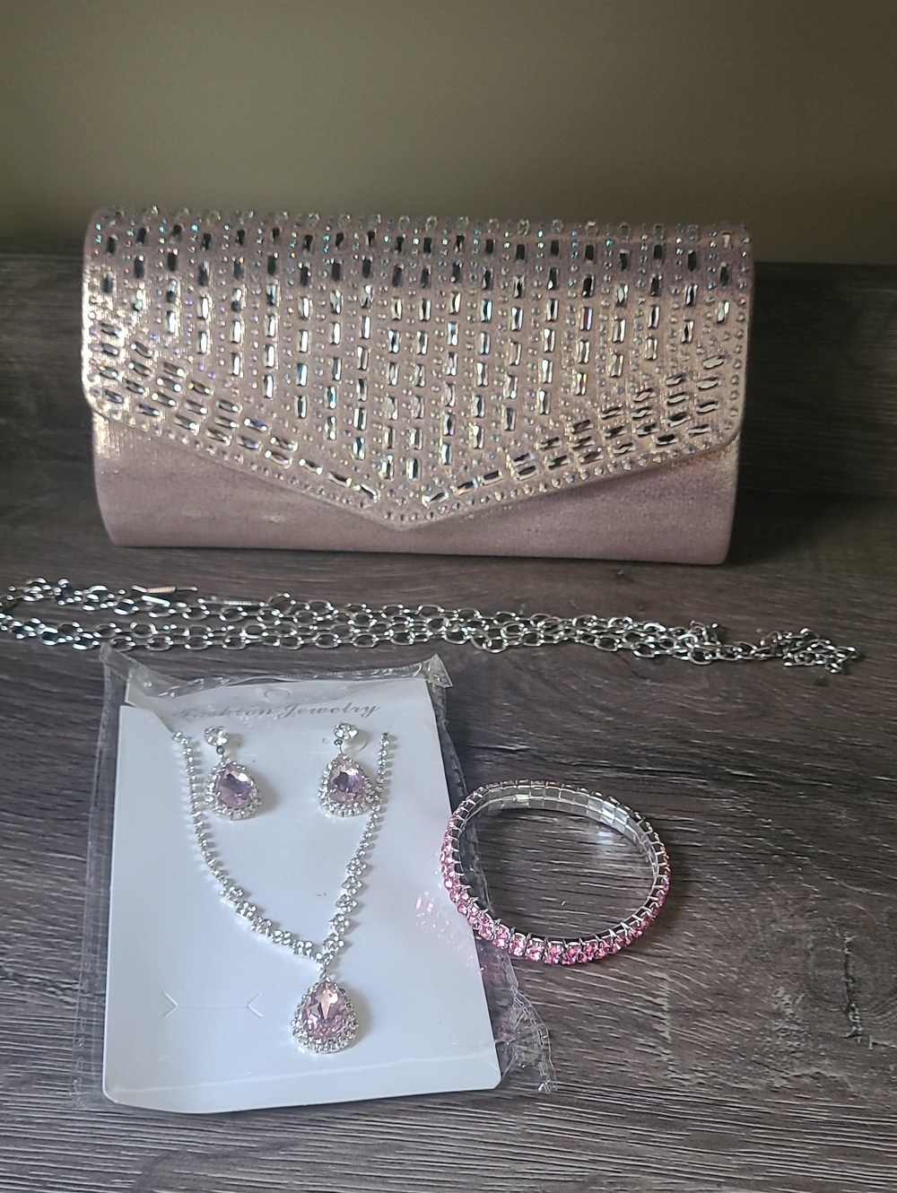 Elegant Pink Crystal Embellished Clutch Purse With Detachable Chain And Necklace